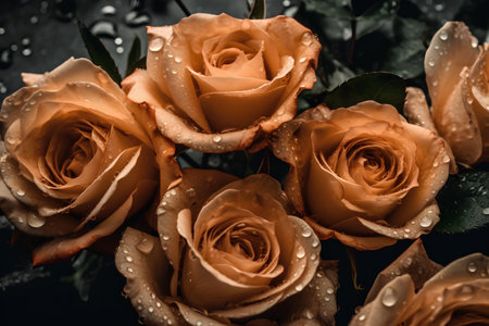 Beautiful orange roses with water drops on dark background. Toned.の素材