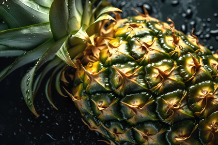 Close up view of fresh ripe pineapple with water drops on black backgroundの素材
