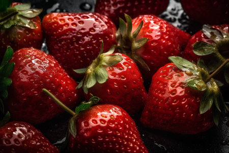 Fresh ripe strawberries on dark background. Selective focus. Toned.の素材