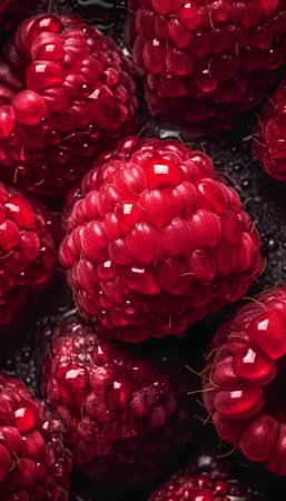 Close-up of raspberries and blackberries with water dropsの素材