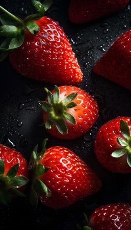 Strawberries on a black background with water drops. Close-up.の素材