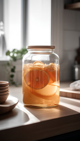 Glass jar of orange juice on wooden table in kitchen, closeupの素材