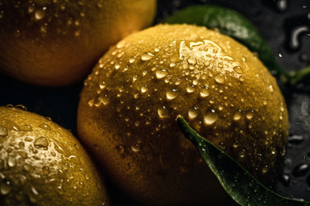 Citrus fruits with water drops on a black background. Toned.の素材