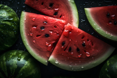 Watermelon slices with water drops on dark background. Toned.の素材