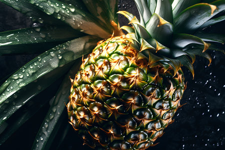 Pineapple with water drops on dark background. Tropical fruit.の素材
