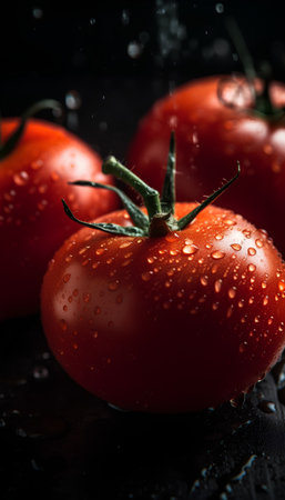 Fresh red tomatoes with drops of water on a black wooden background.の素材
