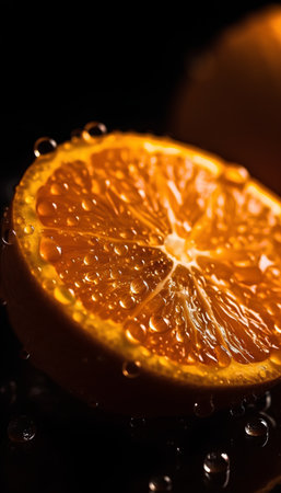 Closeup of a slice of orange with water drops on black backgroundの素材