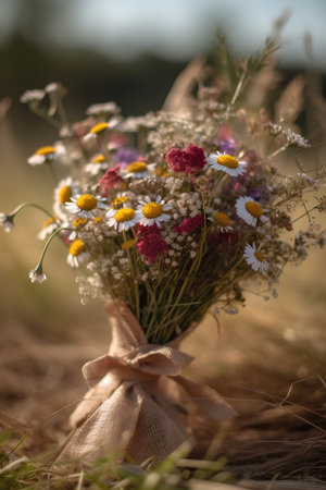 Bouquet of wild flowers on the field. Selective focus.の素材
