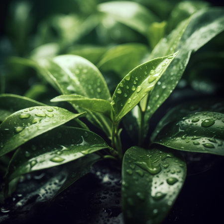 Green leaves with water drops, close-up. Nature background.の素材