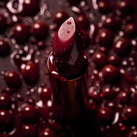 Lipstick and cherry on a chocolate background. Close-up.の素材