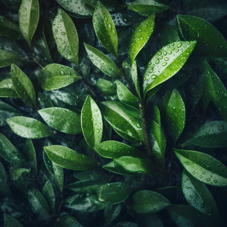 Green leaves with water drops on dark background, top view, copy spaceの素材