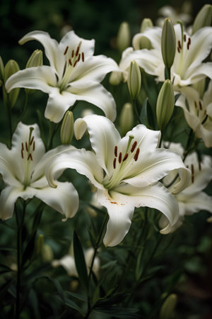 White lilies in the garden. Close-up. Selective focus.の素材