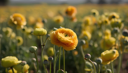 Ranunculus, buttercups in the field. Ranunculus asiaticusの素材