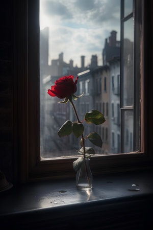 Red rose in a vase on the windowsill in the morningの素材