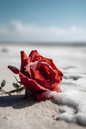 Red rose on the beach with drops of water, shallow depth of fieldの素材