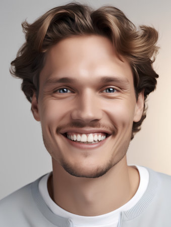 Portrait of handsome young man smiling at camera. Studio shot.の素材