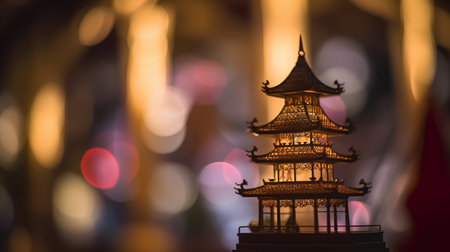 Lanterns in the temple at night. Bokeh background.の素材