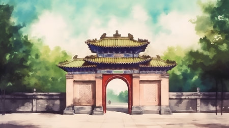 ancient chinese gate in the park. Digital watercolor paintingの素材