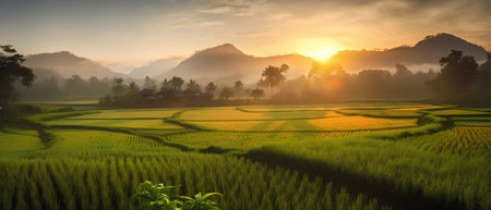 Rice terraces at sunset in Vang Vieng, Laosの素材