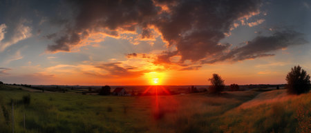 Beautiful sunset over the field. Rural landscape. Sunset in the countryside.の素材
