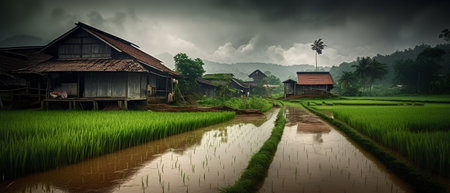 Rice field in rainy season in Bali, Indonesia. Nature backgroundの素材
