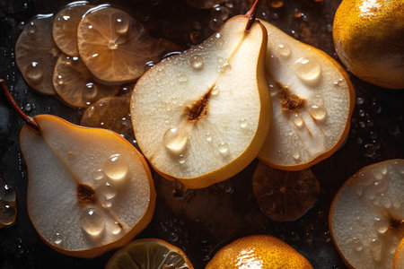 Ripe pears with water drops on a dark wooden background.の素材