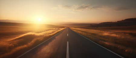 Asphalt road in the mountains at sunset. 3d rendering.の素材