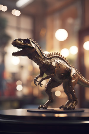 Statue of dinosaur on table in restaurant, close-up.の素材