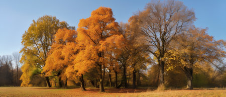 Autumn landscape with yellowed trees in the park at sunny dayの素材
