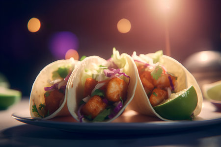 Mexican tacos with shrimp and vegetables on a dark background. Toned.の素材