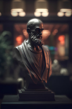 Bronze statue of a man with a beard in a restaurant.の素材