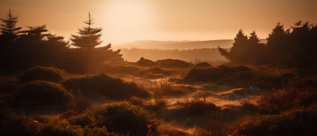 Foggy sunrise in the mountains. Landscape with coniferous forestの素材