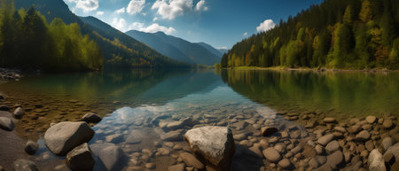 Mountain lake with pine forest and reflection in water. Nature composition.の素材