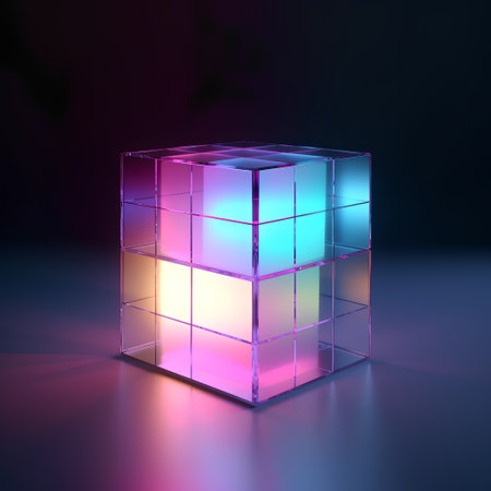 3d illustration of a cube with neon light on a dark backgroundの素材