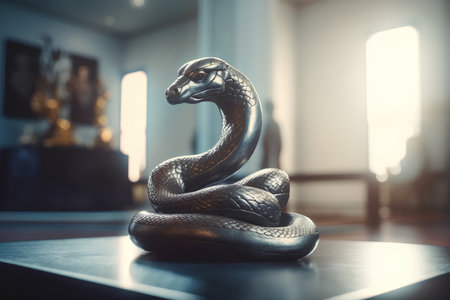 Bronze statue of a snake on a table in a museum.の素材