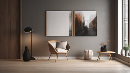 Modern living room interior with gray walls, wooden floor, brown armchair and two vertical posters. 3d rendering mock upの素材