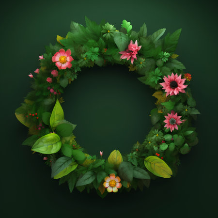 Wreath of flowers and leaves on a dark green background. Place for your text.の素材