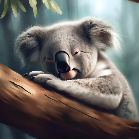 Cute koala sleeping on the eucalyptus branchの素材