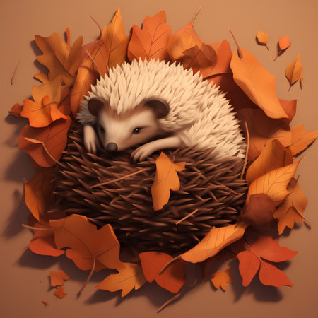 Hedgehog in a nest of autumn leaves. Vector illustration.の素材