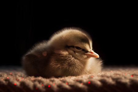 Cute little chicken on dark background with bokeh lights.の素材