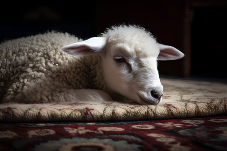 Cute lamb lying on the carpet at home. Selective focus.の素材
