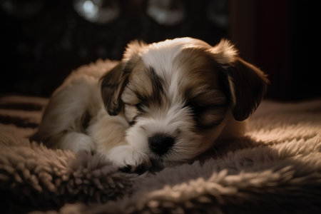 A little puppy is sleeping on a bed. Selective focus.の素材