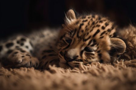 Cute baby cheetah cub sleeping on a soft blanket.の素材