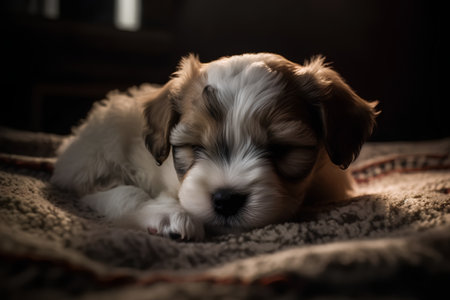 Cute little puppy sleeping on a carpet in a dark room.の素材