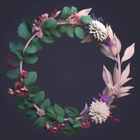 Wreath of leaves and flowers on a dark background. Vector illustration.の素材