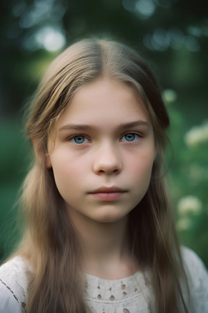 Portrait of a beautiful little girl with long hair in the parkの素材