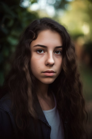 Portrait of a beautiful young girl with long curly hair in a parkの素材