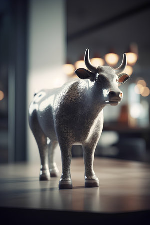closeup of a metal bull statue in a museum, shallow depth of fieldの素材