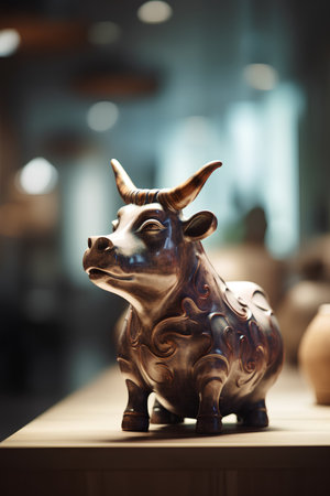 Bronze bull statue in the museum, close up. Chinese traditional cultureの素材