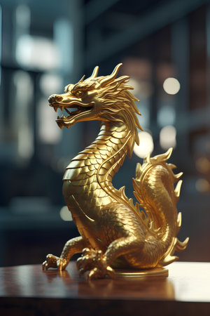 Golden dragon statue on the table. 3d rendering. Chinese styleの素材
